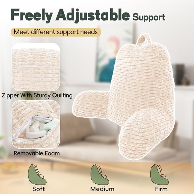 21" Higher Large Reading Pillow for Bed Adult, Back Pillow for Bed Sitting Up with Memory Foam Back Support with Arms Rest for Couch Chair Beige