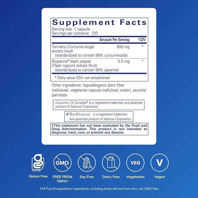 Pure Encapsulations Curcumin 500 with Bioperine - Antioxidant Supplement to Support Joints, Tissue, Liver, Colon & Cellular Health* - with Turmeric Curcumin & Bioperine - 120 Capsules