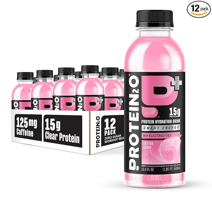 Protein2o 15g Whey Protein Isolate Hydration Drink Plus Energy & Focus, 350mg of Electrolytes, Vitamins B5 & B6, Sugar Free, Cotton Candy, 16.9 oz Bottle (Pack of 12)