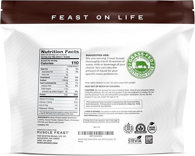Muscle Feast Grass-Fed Whey Protein Isolate, All Natural Hormone Free Pasture Raised, Whey Isolate Protein Powder for Men and Women, Clean, Gluten-Free, Delicious Isolate Protein - Dark Chocolate, 2lb