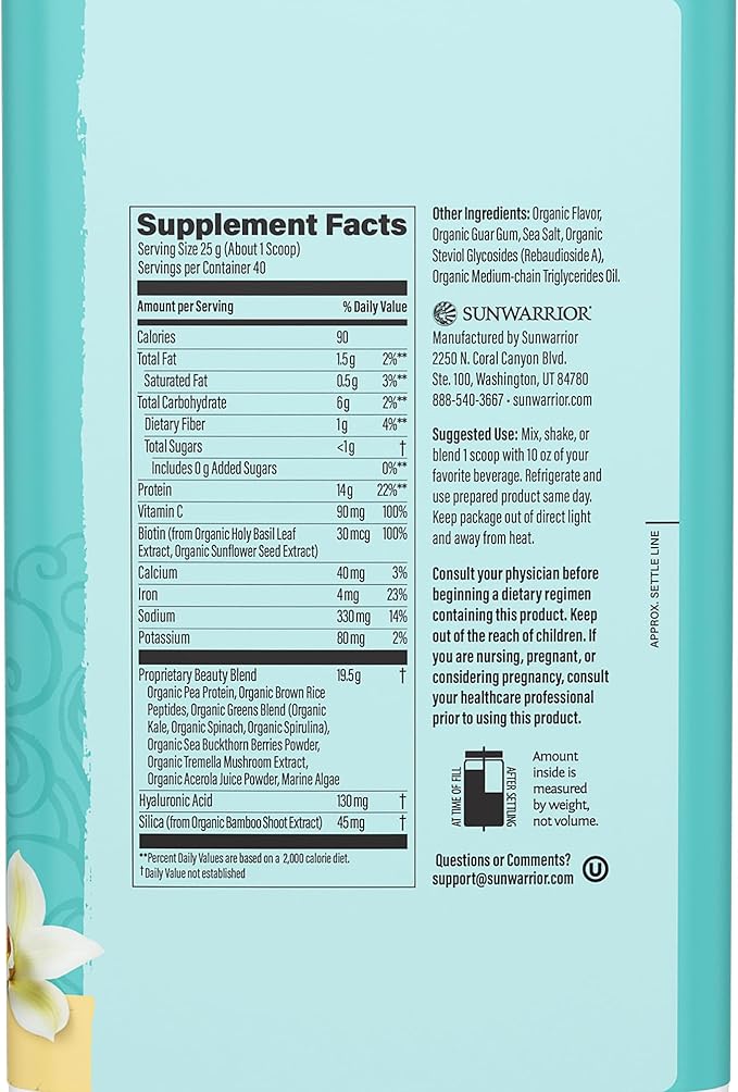 Sunwarrior Collagen Peptides Building Powder | Vegan Collagen for Women Plant-Based Protein Powder | Hyaluronic Acid, Biotin, Silica, Vitamin C for Hair Skin & Nails | 40 Servings, Vanilla Flavored