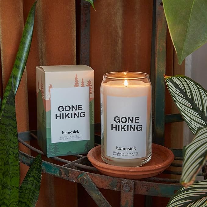 Homesick Scented Candles for Home (Gone Hiking) - 13.75 oz Long-Lasting Natural Soy Wax Blend Jar Candle Gifts for Women & Men, 60-80 Hours Burn Time - Notes of Pine, Jasmine & Sandalwood