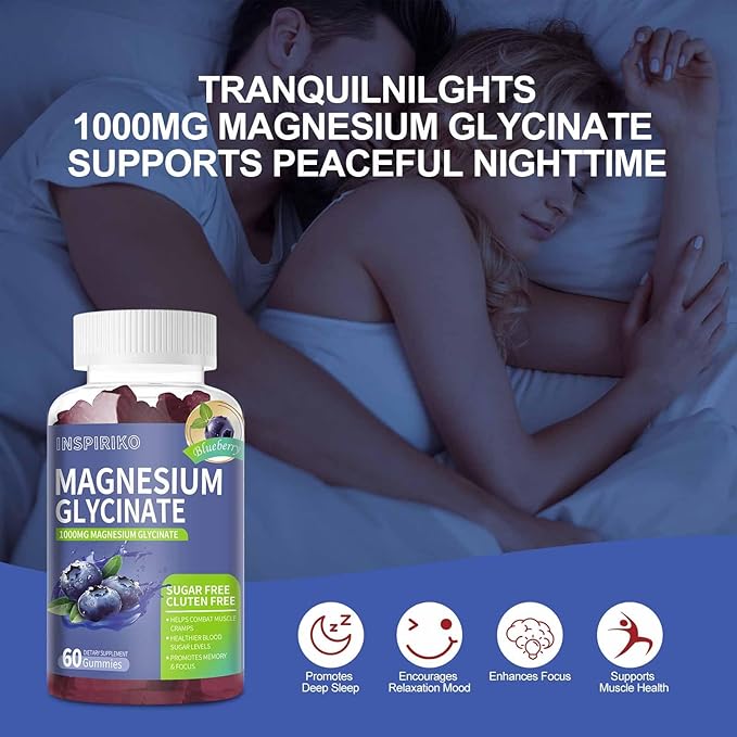 Magnesium Glycinate Gummies 1000mg - Sugar-Free Magnesium Potassium Supplement with Vitamin D, B6, CoQ10 for Adults & Kids,High Absorption for Calm Mood & Sleep Support - 60 Blueberry Gummies
