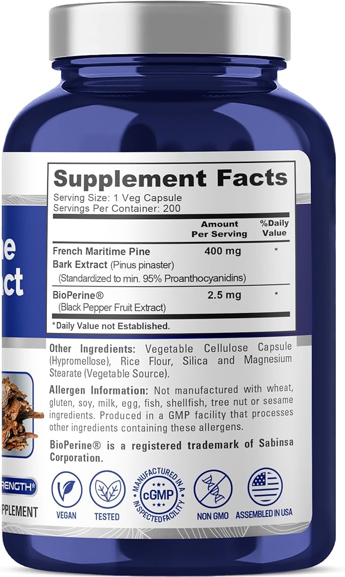 NusaPure French Maritime Pine Bark Extract 400mg per Veggie Caps 200-Day Supply Bioperine Non-GMO Vegan