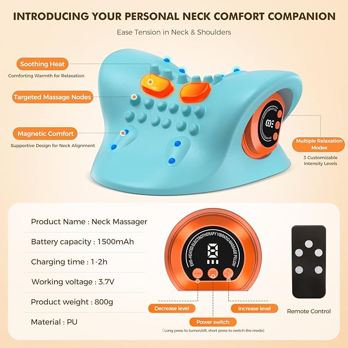 Neck Massager 2025 Portable Neck Traction Device, Cervical Stretcher with Heating & Vibration – Relieve Muscle Tension, 3-in-1neck pillow Customizable Massage Modes with Wireless Remote Control