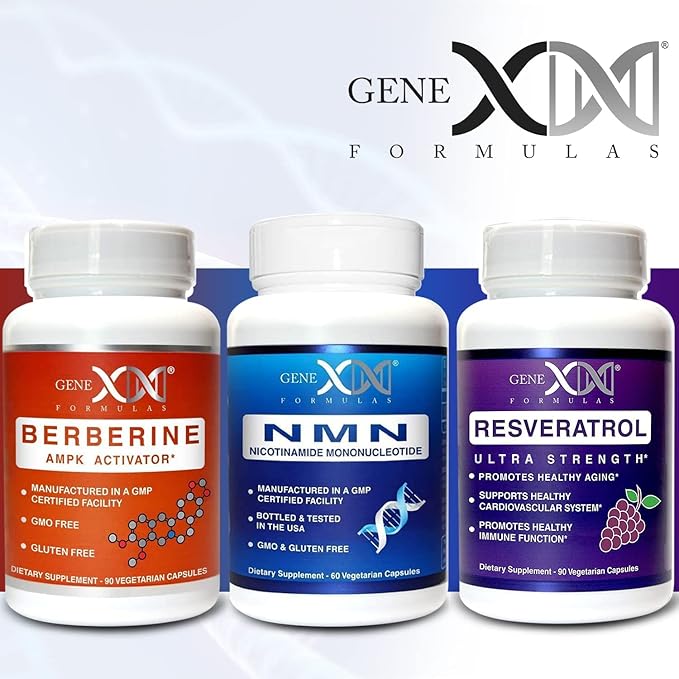 GENEX NMN, Resveratrol, and Berberine Power Pack Supplements | 250mg Nicotinamide Mononucleotide (NMN), Ultra Strength 500mg Resveratrol, & AMPK Activator Berberine 500mg for Healthy Aging (3 Bottles)