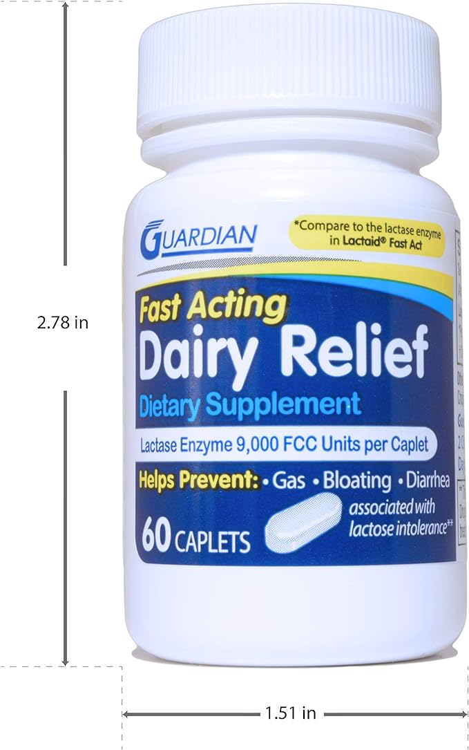 Guardian Dairy Relief Fast Acting Caplets, 9000 FCC, Lactose Intolerance Pills, Lactase Enzyme (360CT (Bottles))