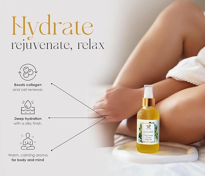 Wild Vibes Ylang Papaya + Guava Luxury Body Oil – Organic Body Oil for Radiant, Hydrated Skin – Collagen-Boosting, Anti-Aging After Shower for Women – 4 oz