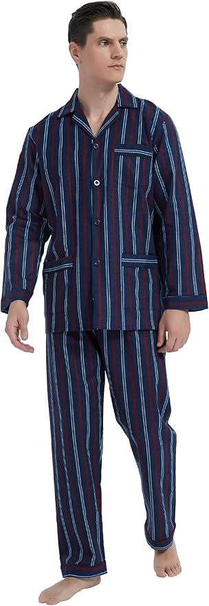 GLOBAL Men's Pajamas Sets 100% Cotton Flannel Sleepwear Long-Sleeve top & Bottom