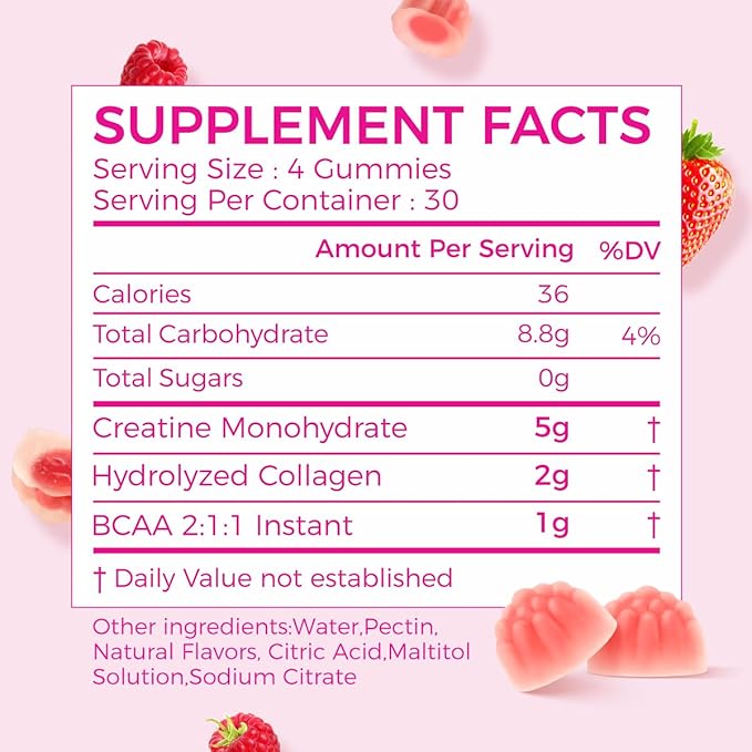 AiVital™ Creatine Gummies for Women, 5000mg Creatine Monohydrate for Women+2000mg Collagen+1000mg BCAAs, Supports Lean Muscles & Booty, No Sugar, 30 Serving, 120 Counts, Berry Flavor,