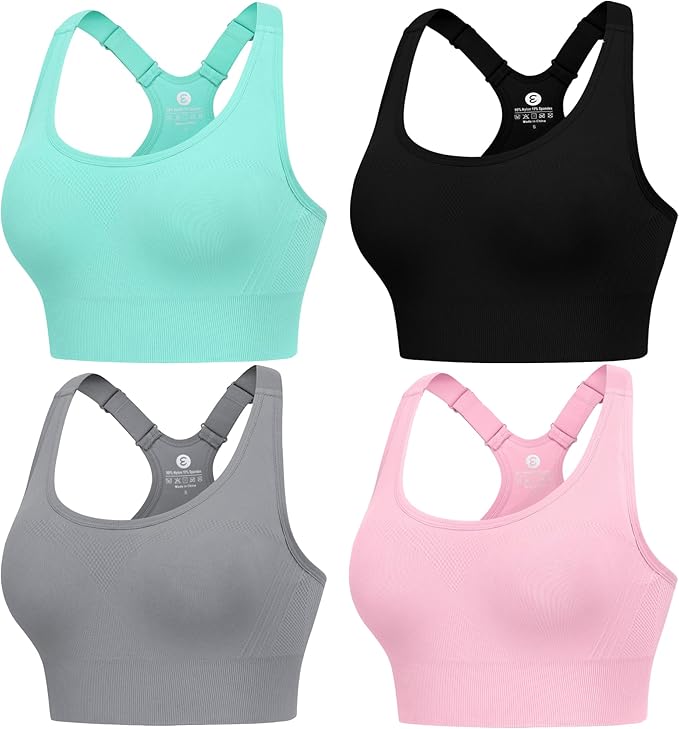 Evercute Adjustable Sports Bras for Women 3/4 Pack Racerback High Support Bras Padded Workout Bras Seamless Yoga Athletic Bra