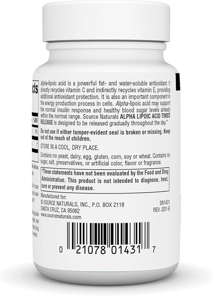 Source Naturals Alpha Lipoic Acid - Supports Healthy Sugar Metabolism, Liver Function & Energy Generation*, 300mg - 30 Time Release Tablets