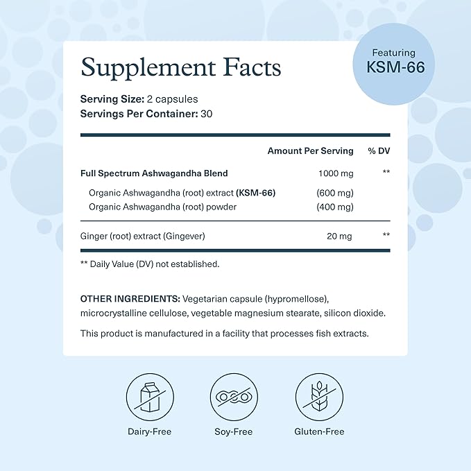 Youtheory Ashwagandha - 1,000 mg - Energy, Sleep, Stress & Cortisol Support Supplement - Adaptogenic Herbal Blend with Organic KSM-66 Ashwagandha & Ginger - 60 Vegetarian Capsules (30-Day Supply)
