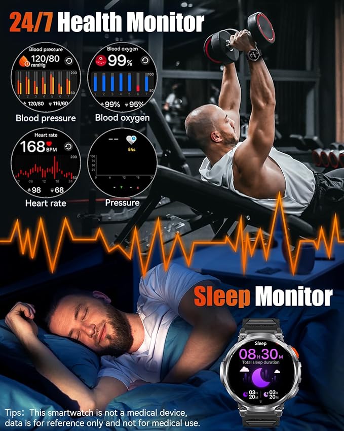 1.85" Big Screen Military Smart Watch for Men with Flashlight, 730mAh Large Battery, IP68 Waterproof, Bluetooth Calling, 114 Sports Modes, Heart Rate/Sleep Monitor for iOS Android