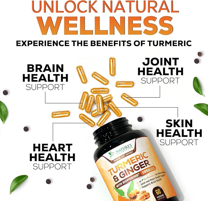 Turmeric Curcumin Supplement 1950mg - 95% Curcuminoids with Organic Turmeric & Ginger, BioPerine Black Pepper for Best Absorption, Nature's Vegan Joint Support, Non-GMO, Bottled in USA - 60 Capsules