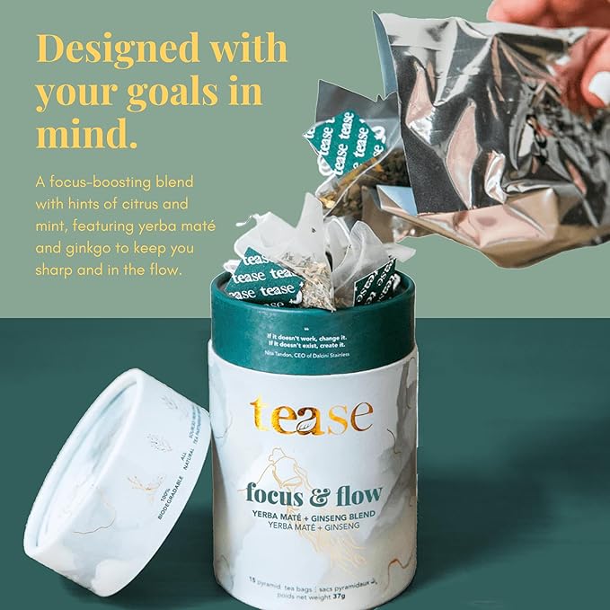 Tease Tea Yerba Mate - Focus & Flow Caffeinated Tea, Brain Energy & Focus Blend with Yerba Mate, Ginseng, Ginkgo, Spearmint & Citrus
