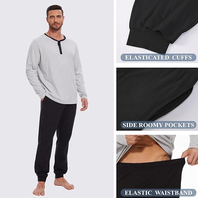 Men's Pajama Set with Henley Neckline 100% Cotton Soft and Comfortable Nightwear 2-Piece Lounge Set