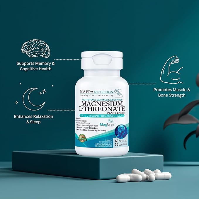 Kappa Nutrition Powered by Magbrain™ Magnesium L-Threonate Plant-Based, 420mg Elemental Magnesium (3 Capsules) from 2,253mg, 60 Vegan Capsules, Brain, Sleep & Muscle Support.