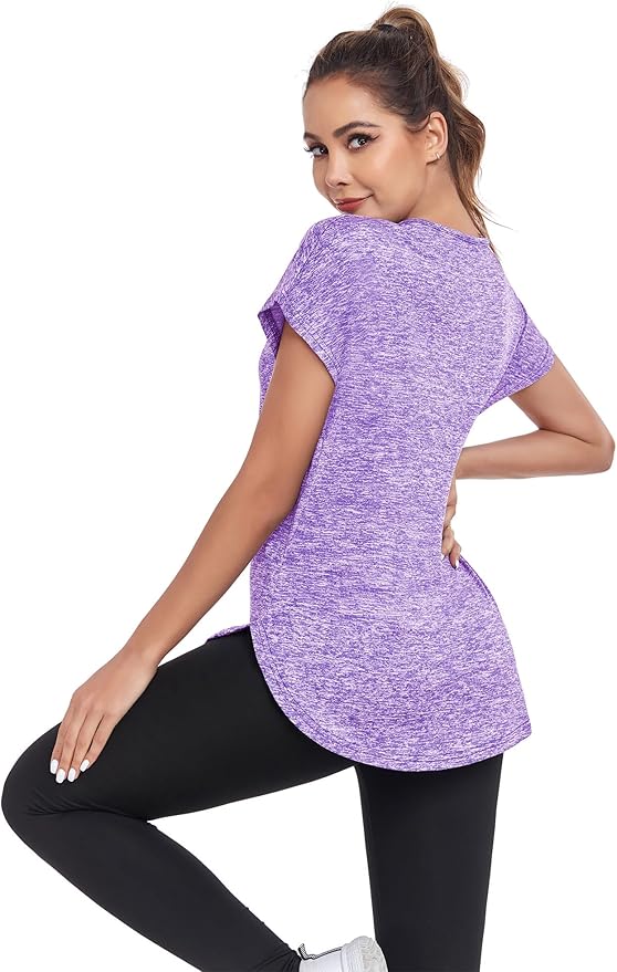 Women's Short Sleeve Workout Shirts V Neck Exercise Yoga Basic Top Quick Dry Side Split
