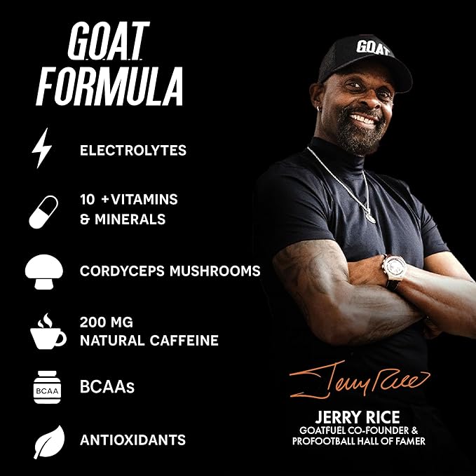 G.O.A.T. Fuel Energy Drink, Co-Founded by Jerry Rice, Natural Caffeine, Electrolytes, BCAAs, Cordyceps Mushrooms & Antioxidants, Light Carbonation Pre Workout, 12 Pack, 12 FL Oz, Peach Pineapple