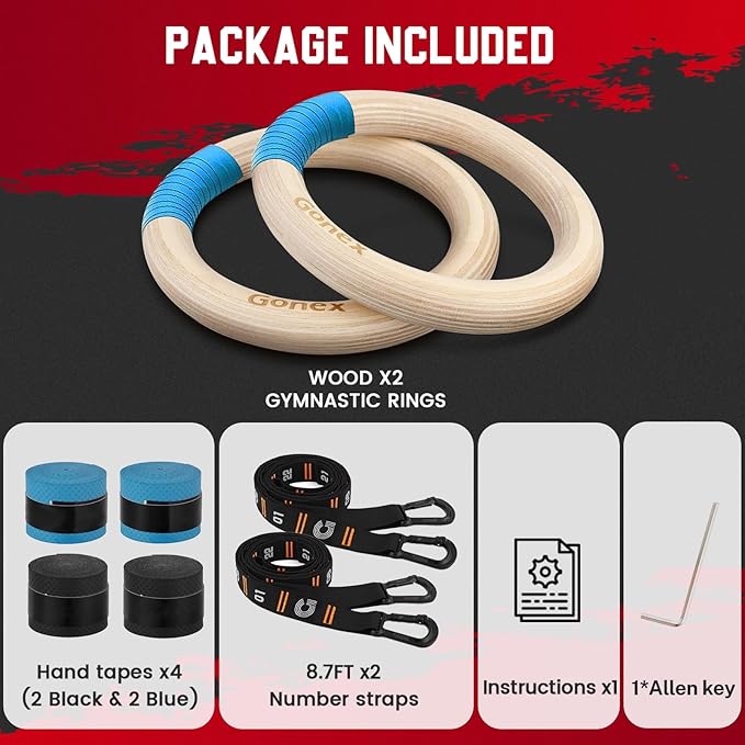 Gonex Wooden Gymnastic Rings with Adjustable Number Straps, Olympic Rings for Gym, Workout, Exercise, Outdoor Training, Quick Install Carabiner, 8.5 ft Straps Pull Up Non-Slip Rings