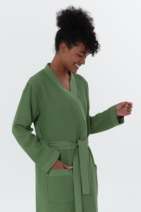 SEYANTE Womenโs Luxury Waffle Shawl Collar, Hooded Robe w Piping โ Lightweight, Long, Ultra Soft Spa Sleepwear Bathrobe
