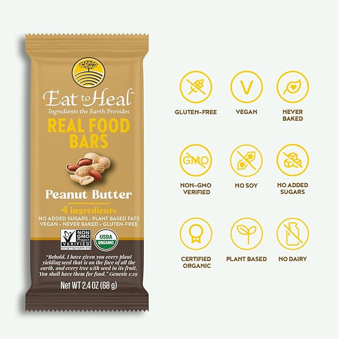 EatToHeal Peanut Butter Real Food Bar - Organic Vegan Healthy High Protein Bars - Low Sugar Meal Replacement, Non GMO, Never Baked, Plant Based, Gluten Free - Crafted to Enjoy, Not Sit on Shelves