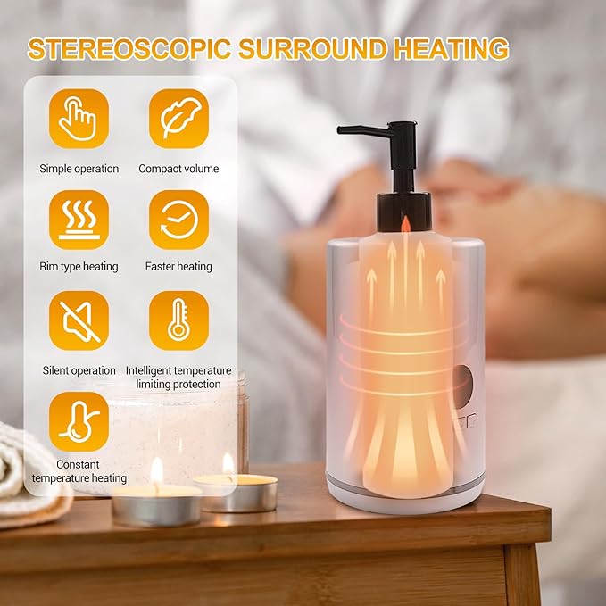Oil Warmer for Massage, Mezsocly massage oil warmer for scented oil, Oil Warmer, Body Oils Heater for Spa, Salon and Barber Shops, with 2 Oil Bottle Dispensers, Constant Temperature, White