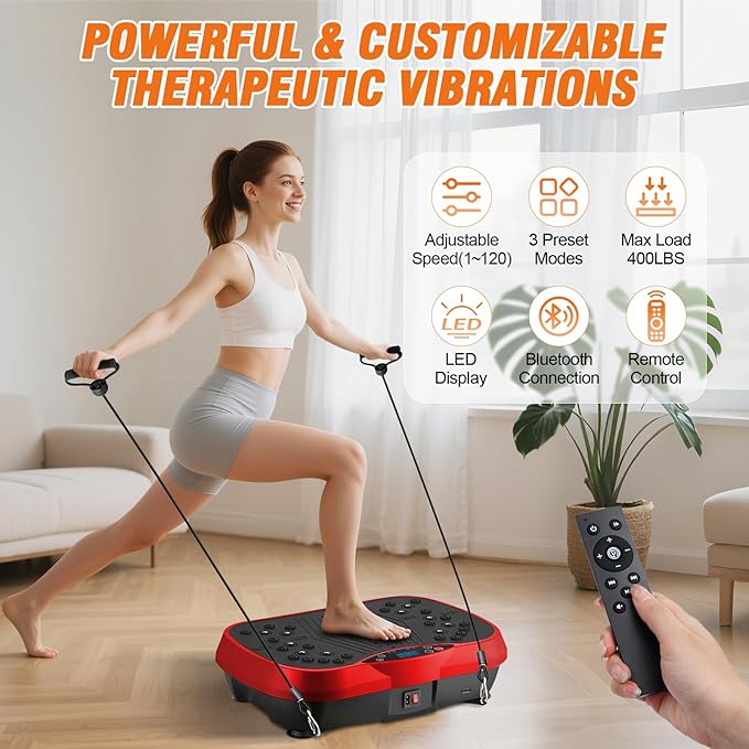ALSO GO Vibration Plate Exercise Machine, 3 Workout Modes & 120-Level Vibration Platform for Weight Loss/Lymphatic Drainage, 400lbs Capacity Vibration Board with Resistance Bands for Full Body Workout