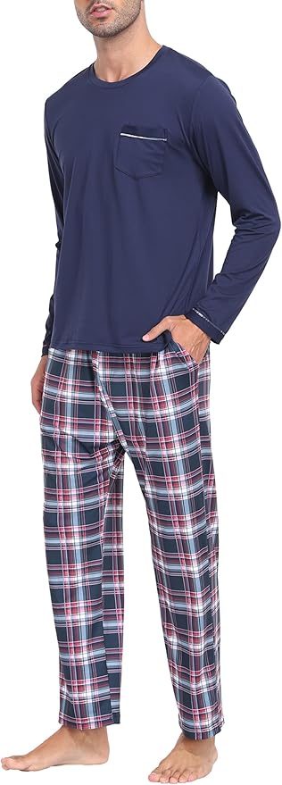 MoFiz Men's Pajamas Plaid Sets Sleepwear Sleep Long Sleeve Shirts and Pants Pajama Set Soft Mens Pjs Lounge Set with Pockets