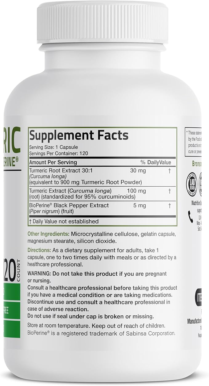 Bronson Turmeric Curcumin with BioPerine - High Potency Premium Joint Support with 95% Standardized Curcuminoids - Non-GMO Capsules with Black Pepper - 120 Count