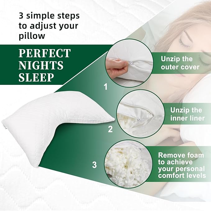 Shredded Memory Foam Pillows – Adjustable Loft, Orthopedic Support for Side/Back Sleepers, Pressure Relief for Cervical Spine, Machine Washable (Queen Size)