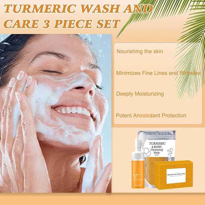 Turmeric Wash and Care Three Piece Set,Tuemeric Facial Cleanser & Turmeric Soap Bar & Turmeric Face Scrub Pads,Face & Body Cleanser,Turmeric Cleansing Skincare Set, Deep Cleansing