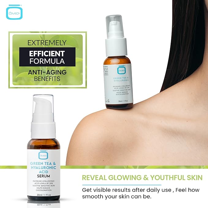 Omic, Green Tea & Hyaluronic Acid Serum for Face – 1 fl oz / 30 ml - Acne Spot Remover, Reduce Wrinkles, Helps to Hydrayein Skin, Anti-aging Serum