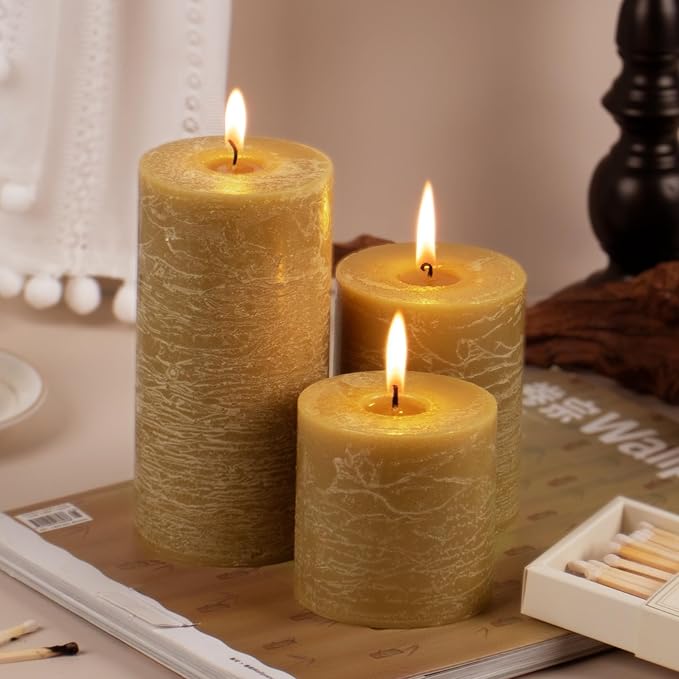 KONNI Wax Yellow Pillar Candles Set of 3, 3"x 4" Unscented Pillar Candles Bulk, 39 Hours Long Burning Candles, Smokeless&Dripless Large Round Candle for Wedding, Home Decoration, Parties, Spas, Dinner