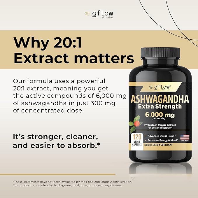 Ashwagandha Supplements for Women and Men 6000mg | Sleep, Mood and Energy Support | Extra Strength, Vegan Friendly, Non-GMO, Made in USA - Pack of 3