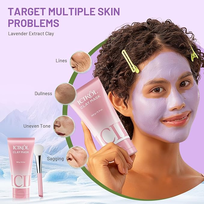 Large Lavender Glow Clay Mask for Face - Mud Mask with BHA & HA for Gentle Exfoliate - Plumping & Pore Minimizing - Sagging-Firming Skin Care Gifts for Women Men with Brush, Purple, 5.3 oz