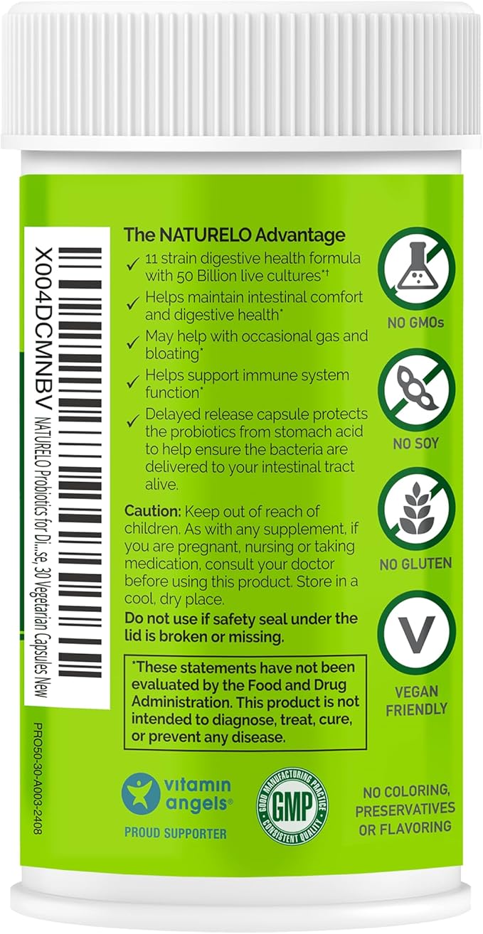NATURELO Probiotics for Digestive Health - 50 Billion CFU, 11 Strains Daily Supplement - Boosts Immune System, Delayed Release, 30 Vegetarian Capsules