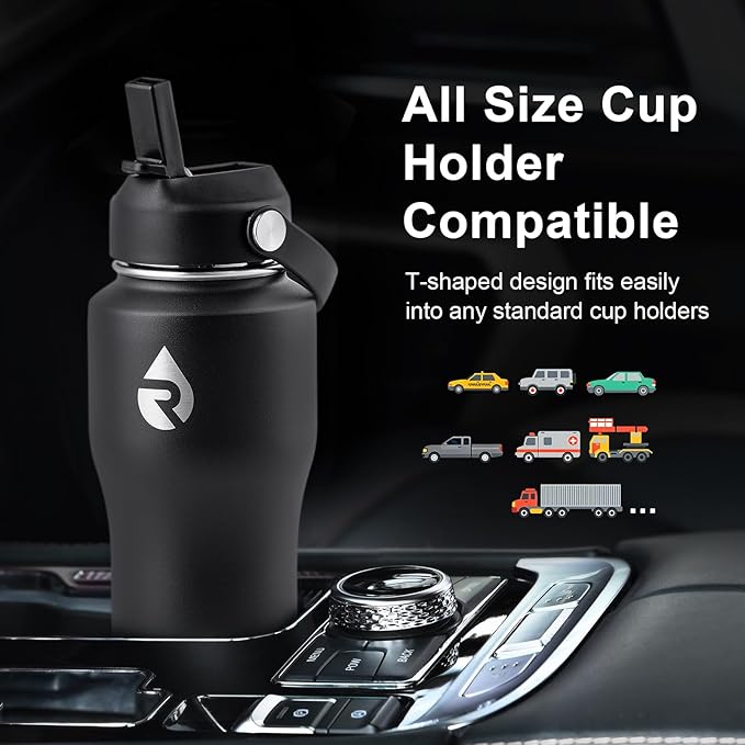 18 oz Insulated Water Bottle with Straw fit in Car Cup Holder, Triple Wall Vacuum Stainless Steel(Cold 48 hrs, Hot 24 hrs), Leakproof & Non-BPA, Hydro Travel Flask with Straw and Spout Lid