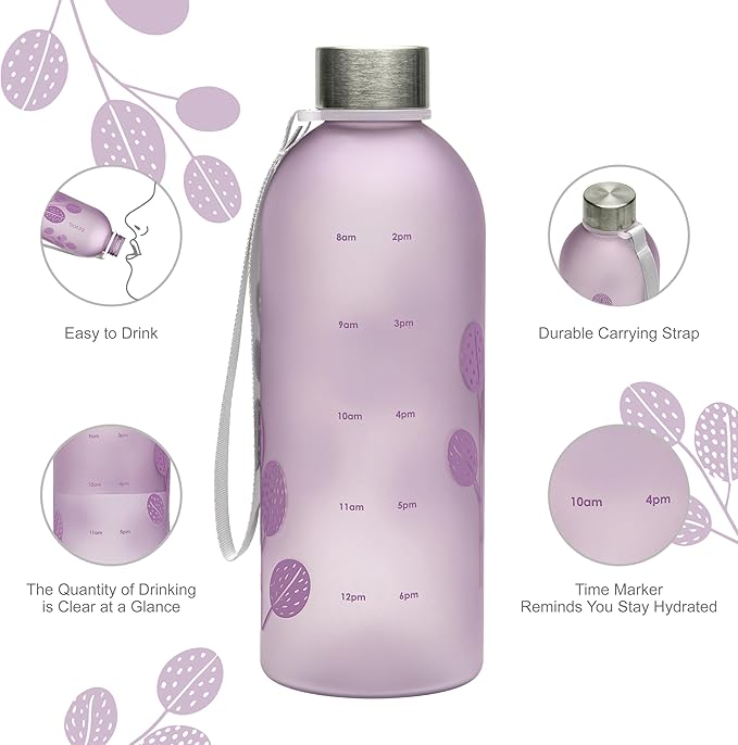 bzyoo 32oz 1 Liter Clear Water Bottle with Time Marker, Leaf Design, Durable Plastic, BPA-Free, Reusable with Measurement Markings for Fitness and Outdoor Activities (Color: Purple)