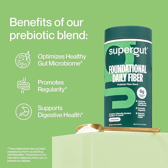 Supergut Foundational Daily Fiber Powder, Sugar Free & Vegan Prebiotic Fiber Blend for Gut Health & Digestive Support, Supplement for Men & Women with Solnul & Sunfiber, Unflavored, 20 Servings