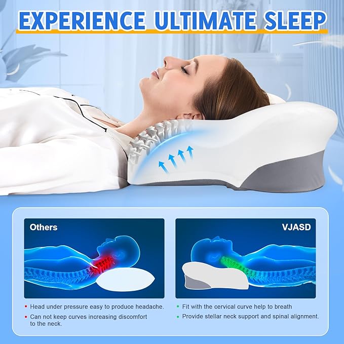 Cervical Neck Pillows with Memory Foam - Ergonomic Neck Support Pillows for Pain Relief Contour Memory Foam - Adjustable Orthopedic Bed Pillows with Cooling Pillowcase for Sleeping - Dark Grey