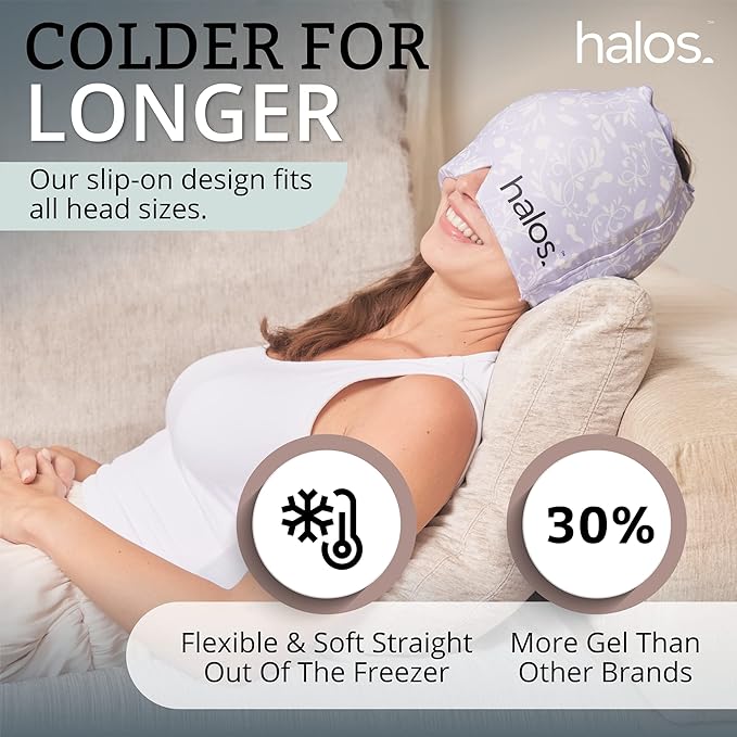 MyHalos® Migraine Relief Cap, 30% Thicker, 2X More Cooling Gel, Stays Colder for Longer, Form Fitting Ice Hat, Ice Pack Head Wrap Relief, Tension Headache Relief Cap (Violet)