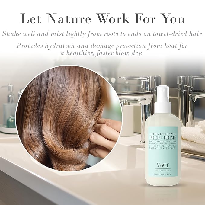 VoCÊ Haircare Vegan Prep + Prime Spray | Shine, Style Retention + Heat Protection, Nourishing, Anti-Frizz – Non-Toxic, Cruelty Free, Vegan Hair Routine Primer (8.5oz | 250ml)