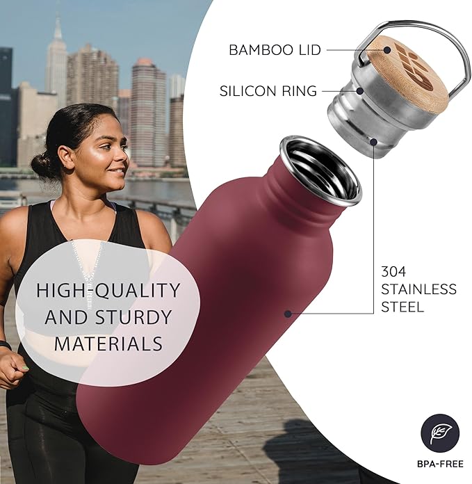 Bambaw Non-insulated 32 oz Water Bottle, Reusable Water Bottle Red, Single Wall Stainless Steel Water Bottle, Travel Water Bottle 32oz, Metal Water Bottle with Handle – Red Berry