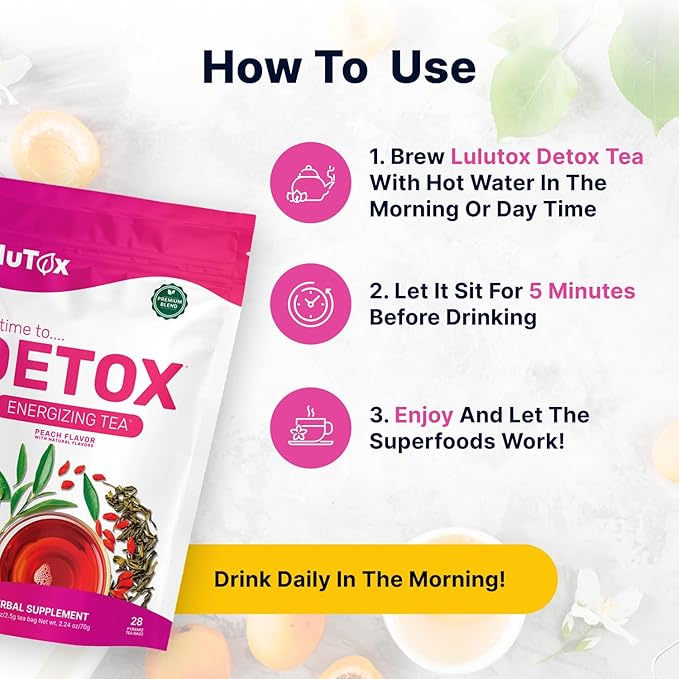 LULUTOX Detox Tea - Slimming Tea with Dandelion and Ginseng to Support Goals for Detox Cleanse, Flat Belly, Bloating, Healthy Weight and Digestive Health - Women & Men - Peach Flavor (28 Servings)
