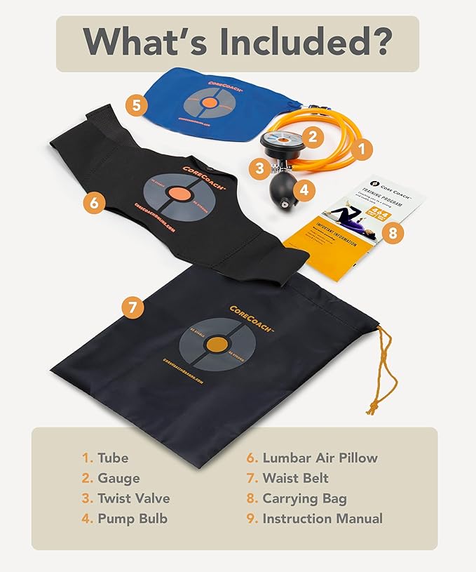 Pressure Biofeedback Device for Home Use - For Core Strength Training & Lower Back Support System with Lumbar Air Pillow, Waist Belt, & Carrying Bag
