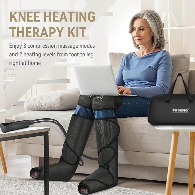FIT KING Foot and Leg Compression Massager for Circulation and Pain Relief with Knee Heating Therapy - Handheld Controller 3 Modes 3 Intensities - Gift for Mom Wife Family