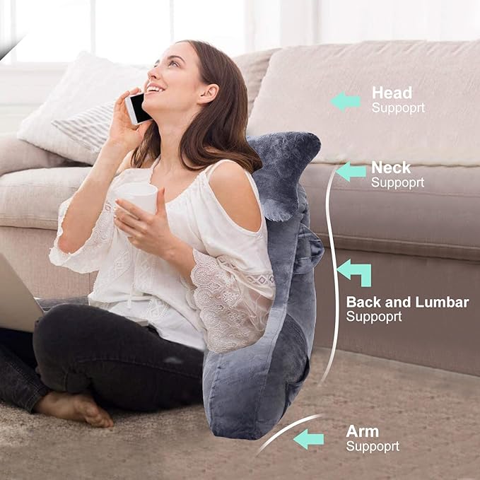 SLIGUY Reading Pillow for Sitting in Bed Couch Adult, Back Pillow with arm Support and Pockets, Adult Back Pillow Bed Chair for Bed Rest, Reading, Watching TV, Gaming for Boys and Girls Dark Grey