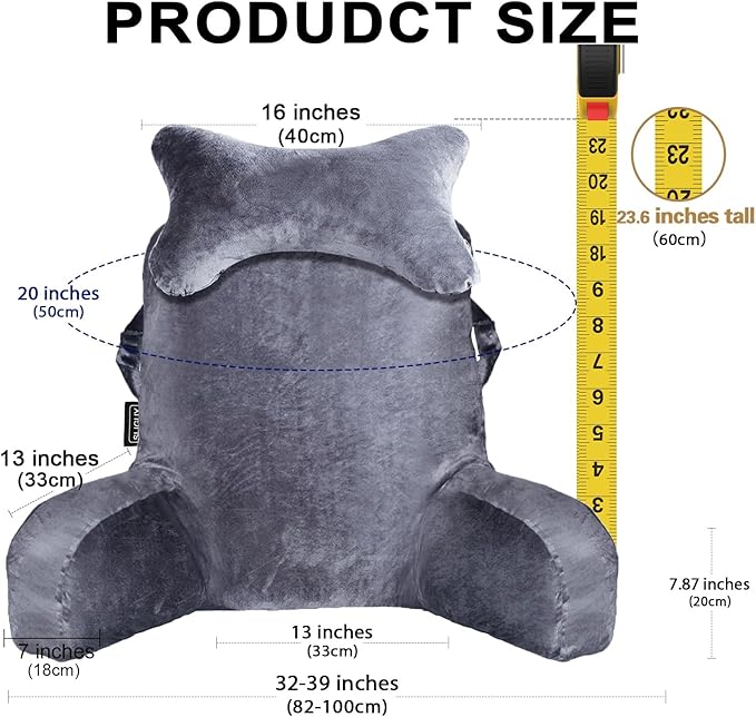 SLIGUY Reading Pillow for Sitting in Bed Couch Adult, Back Pillow with arm Support and Pockets, Adult Back Pillow Bed Chair for Bed Rest, Reading, Watching TV, Gaming for Boys and Girls Dark Grey